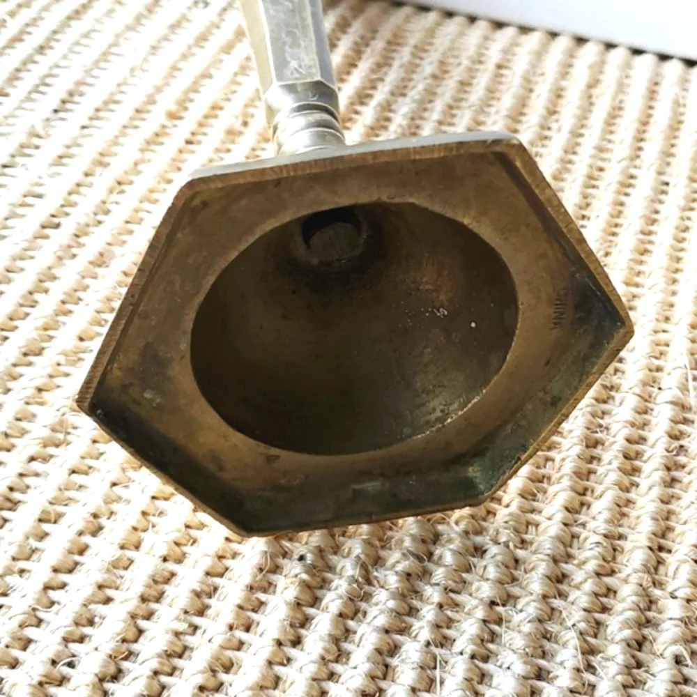Vintage Brass Mid Century Candleholders Hexagonal Base Etched Floral 9